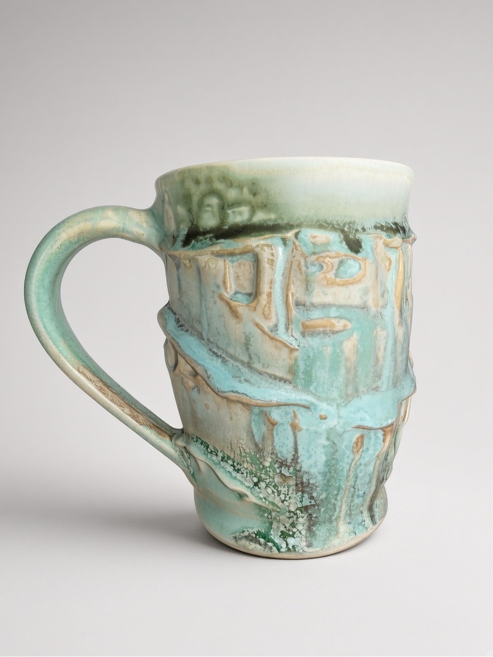 LAMBERT NC Studio Pottery Mug – Turquoise Sculptural Organic Form 4.75” (signed)